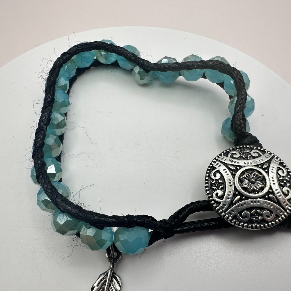 Vintage 90s Silver Tone Feather Teal Beaded Wrap Bracelet Women's Jewelry